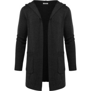 Hooded Knit Cardigan Men Long Open Front Black